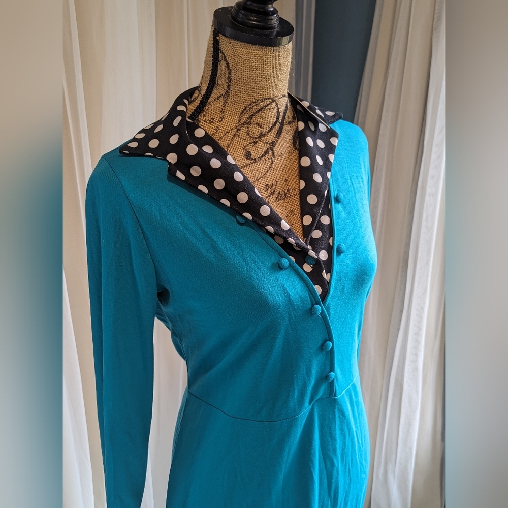 Teal with Polkadot contrast Pencil dress - Picture 5 of 7